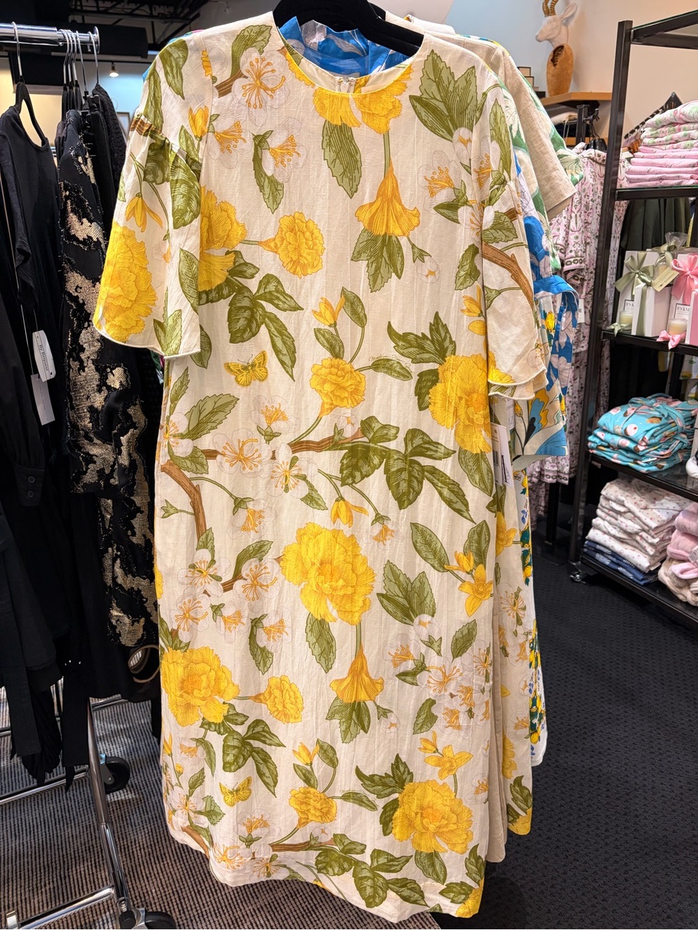 Floral Yellow Midi Dress with Green Leaf Print